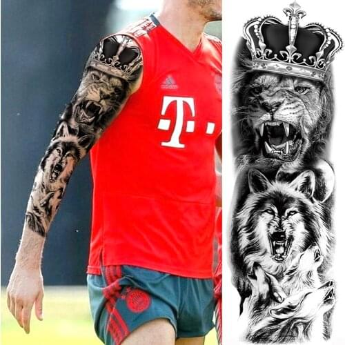 Black Crown TigerTemporary Tattoos For Men Women Body Art Full Arm Sleeve Roar Wolf Tatoo Disposable Fake Tattoo Sticker Fashion