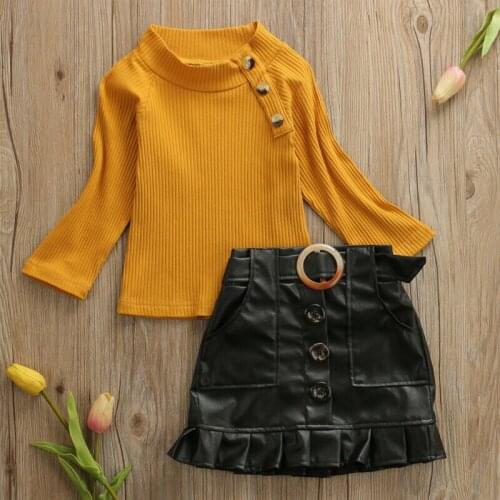 Pudcoco New 2PCS Toddler Baby Girls Sets 1-6Y Solid Color Long Sleeve Knit Sweater Tops+ PU Leather Skirts