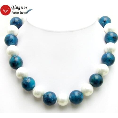 Qingmos 18mm Natural Green Chrysocolla Necklace for Women with 16mm White Sea Shell Pearl Necklace Chokers 18" Fine Jewelry