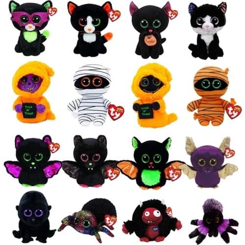 15CM Ty Beanie Boos Big Eyes Reversible Ghost Black Cat Bat Spider Monster Mummy Plushie Doll Toys Child Birthday Halloween Gift