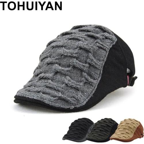 TOHUIYAN autumn winter men hat knitted wool newsboy cap hat classic warm beret hats british gentleman boinas flat caps for male