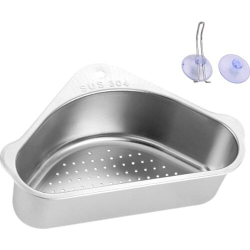 Stainless Steel Triangular Sink Strainer Drain Sink Basket Suction Cup Kitchen Drain Shelf for Support Corner Kitchen Tools