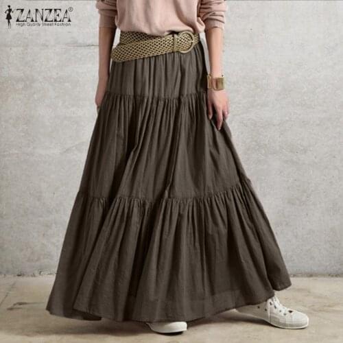 2021 ZANZEA Spring Solid Skirts Vintage Womens Ruffle Sundress Casual Elastic Waist Long Vestidos Female Robe Femme Oversized