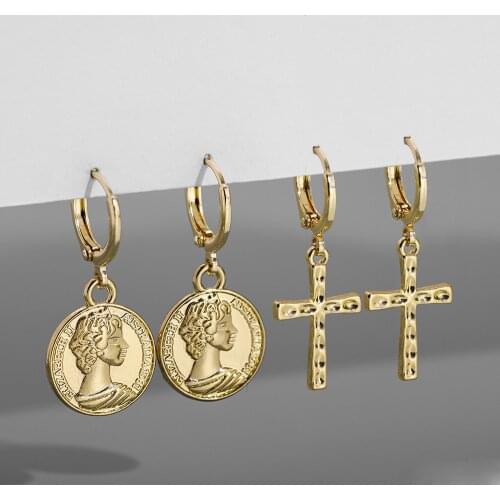 Vintage Gold Portrait Engraved Round Coin Drop Earrings for Women Trendy Cross Dangle Earrings Cartilage Punk Ear Jewelry