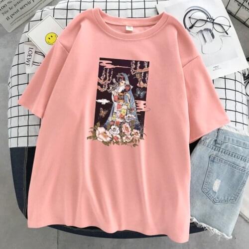 Japan Kimono Girl Big picture Harajuku Women Tshirt Casual Brand Oversize Top Fashion Loose Tshirt Casual O-Neck T Shirt Womens