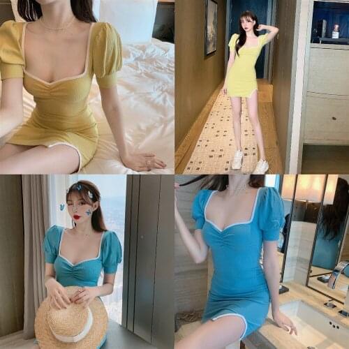 Wenfly Women Summer Clothes Sweet Casual Square Collar Short Puff Sleeve Side Split Sexy Ruched Bodycon Mini Dress