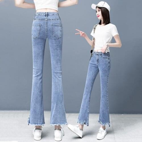 Women Denim Flare Pants Irregular Jeans Female 2021 Korean Thin Ankle-Length Pants Elastic Mid Waist Nine Tassel Jeans Harajuku