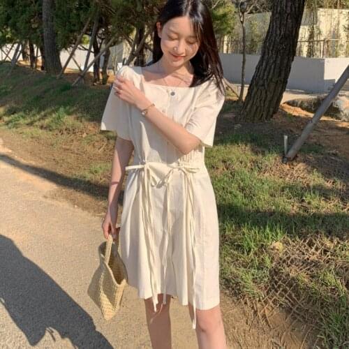 2021 Women Summer Cotton White Mini Shirt Dress Draw String Waistbelt Square Collar Short Sundress French Style