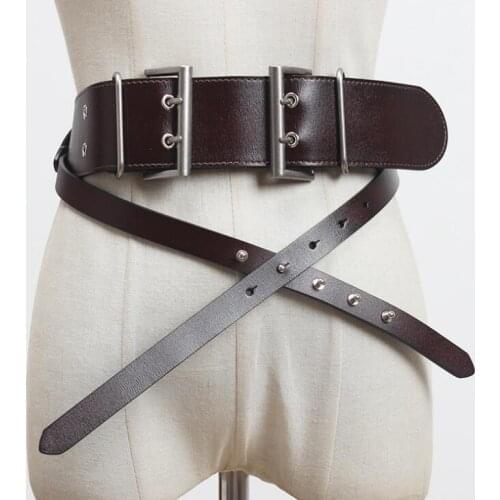 Womens runway fashion rivet genuine leather Cummerbunds female Dress Corsets Waistband Belts decoration wide belt R3094