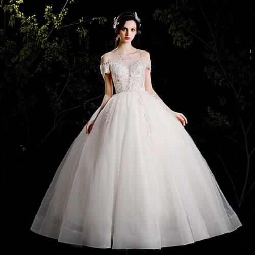 Handmade Beading 2021 New Wedding Dress Simple O Neck Short Sleeve Ball Gown Plus Size Custom Made Vestido De Noiva Bridal