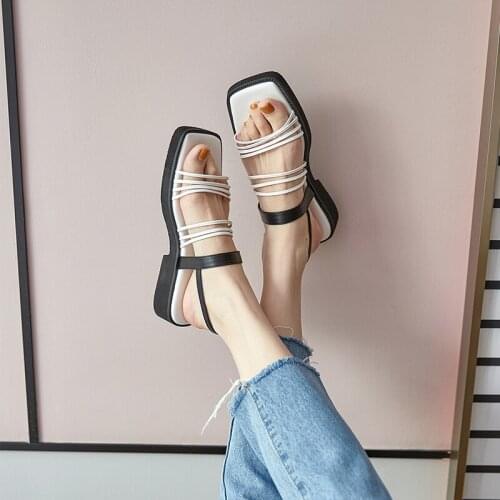 2020 summer leather square head retro color matching middle-heel sandals thick-soled muffin casual wild sandals Z864