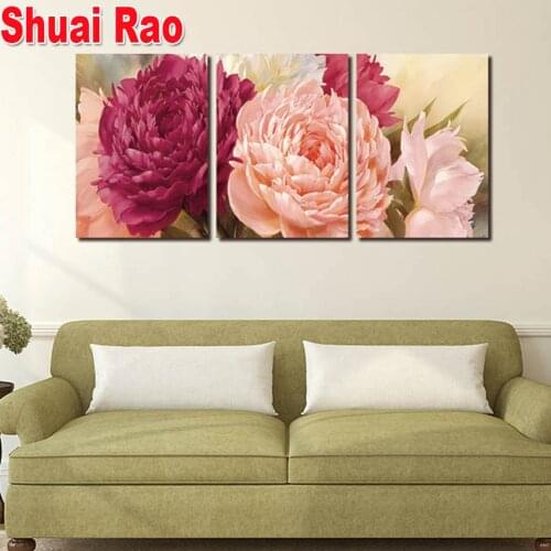 DIY Diamond Painting Cross Stitch 5D Dream Peony Full Diamond Embroidery Triptych Still Life Flowers Handicraft Home Decor