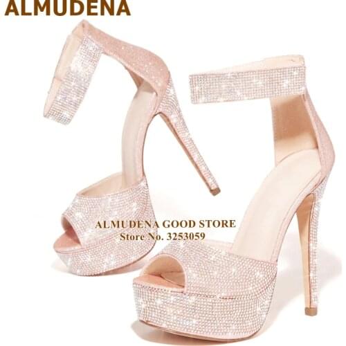 ALMUDENA Bling Bling Crystal High Heel Sandals Platform Shiny Rhinestone Wedding Shoes Thin Heel Sequined Glittering Party Shoes
