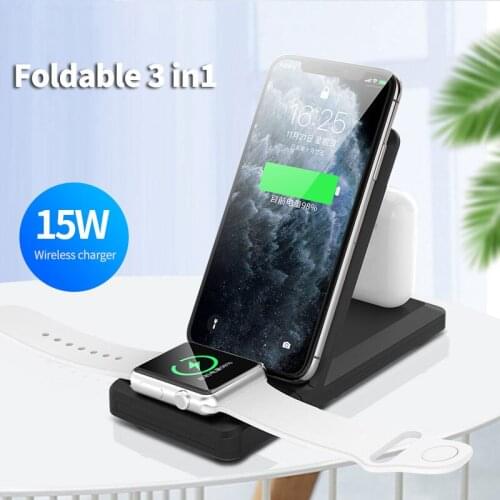 15W 3 in 1 Qi Wireless Charger for iPhone 12 11 Pro XS Max 8 Samsung S10 Plus Wireless Charger Stand for iWatch 6 5 AirPods Pro