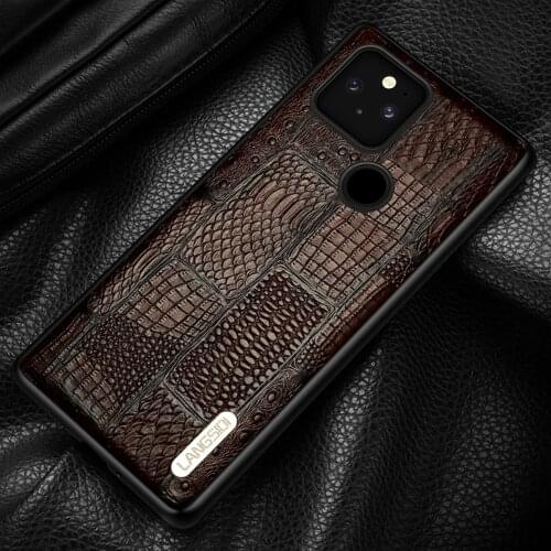 Retro Genuine Leather Phone Case for Google Pixel 5 4 4A 5G Protective Vintage Grids Crocodile Ostrich Splicing Back Armor Cover