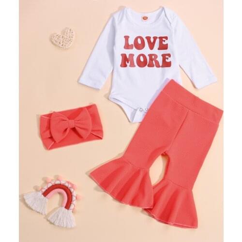 3pcs Autumn Toddler Baby Girl Clothes Set Newborn Outfit Letter Long Sleeve Bodysuit Top+Flare Long Pants Headband Sets