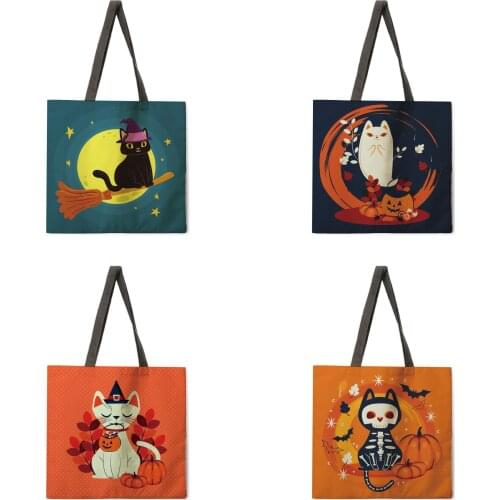 Halloween pumpkin and kitten linen tote bag beach bag ladies shoulder bag foldable shopping bag reusable fashion bag