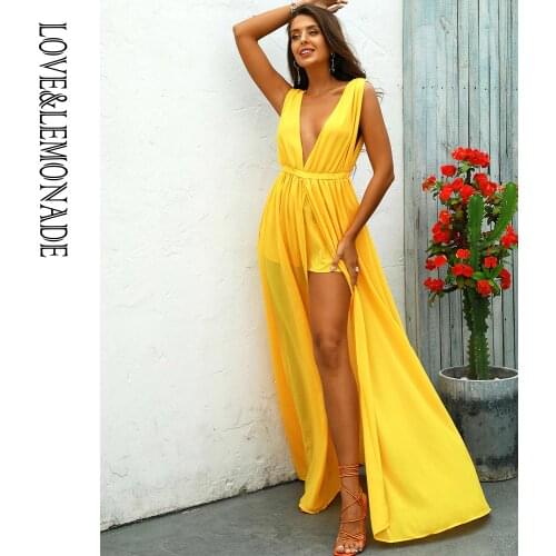 LOVE&LEMONADE Sexy Deep V-Neck Open Back Sleeveless A-Line Split Yellow Chiffon Beach Maxi Dress LM83311