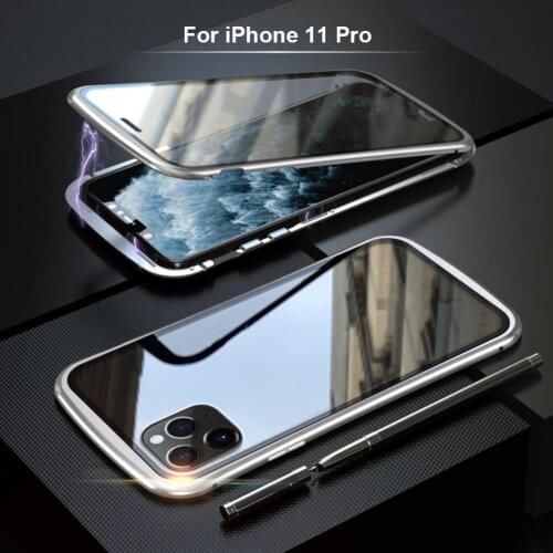 Magnetic Mobile Phone Protective Case For IPhone 11 Pro Max Metal Frame Double Tempered Glass Cover Magnetic Protection Shell