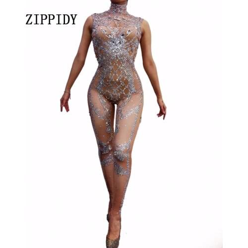 Fashion Sexy Sparkly Silver Crystals Jumpsuit Women Celebrate Nude Costume Female Singer Bodysuit Performance Dance Wear