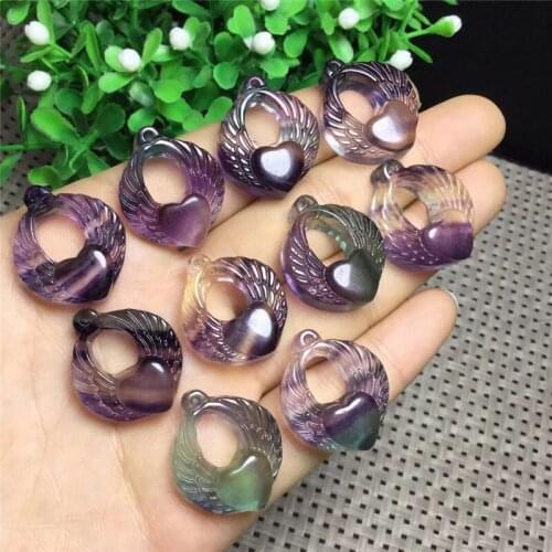 Natural crystal color fluorite wings heart pendant bracelet necklace accessories DIY Hand made material Random delivery