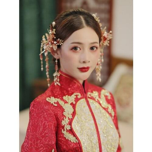 NiuShuya Wedding Bride Headdress Vintage Chinese Hair Accessories Flower Tassel Phoenix Tiara Hair Jewelry