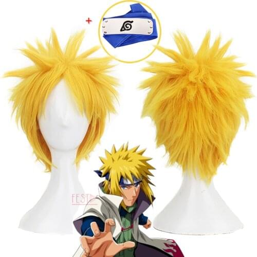 Anime Boruto Character Minato Namikaze Cosplay Wig Golden Short Wig Fourth Yondaime Headband Heat Resistant Hair Wig Cap Adults