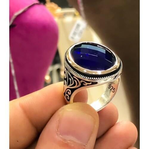 Parlament Blue Oval Cut Sapphire Stone Sterling Silver Mens Ring