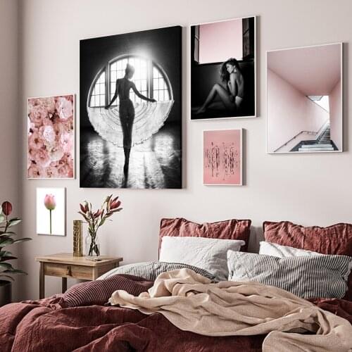 Window Girl Black White Poster and Print Pink Scandinavian Rose Flower Canvas Painting Wall Pictures For living Room Home Decor