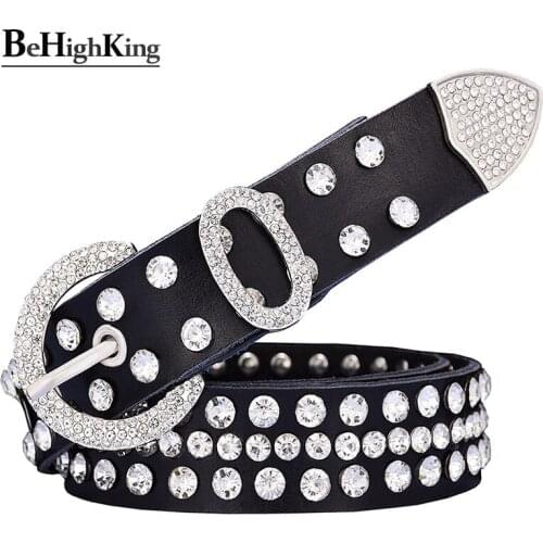 Fashion genuine leather rhinestone belts for women Luxury shining silver ring Pin Buckle belt female jeans strap width 2.8 cm