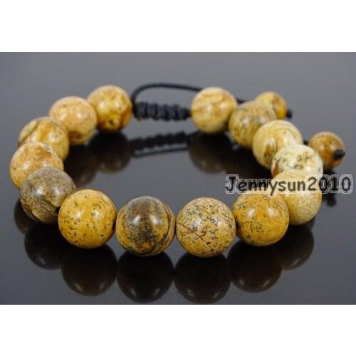Handmade 12mm Adjustable Natural Picture Ja-sper Gems Stone Round Beads Bracelet Healing Reiki 5 Strands/Pack