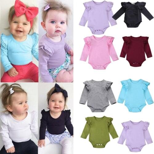 Spring Autumn Infant Baby Girls Ruffle Solid Cotton Bodysuit Long Sleeve Jumpsuit Newborn Kids Outfits Playsuit Sunsuit 0-24M