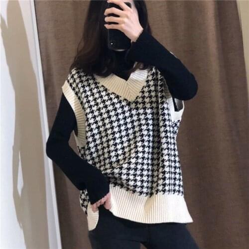 2021 Spring New College Style Loose Knit Vest Womens Thousand Bird Check Sleeveless Top