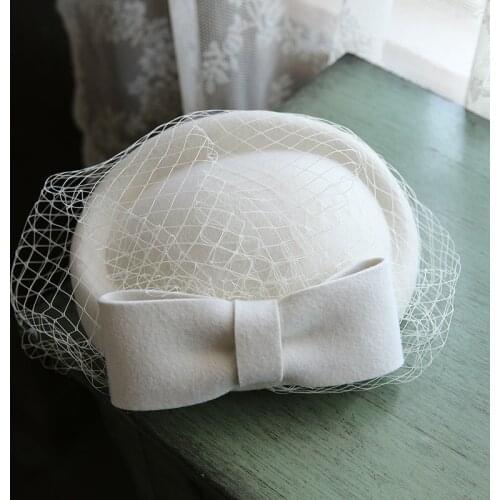 Paris Women Veil Bow Fedora Cap Blue Green White Burgundy Pillbox Beret Hat Ladies Wedding Party Pure Wool Felt Fedora Headwear