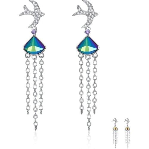 SILVERHOO S925 Sterling Silver Cute Swallow Drop Earrings For Women Colorful Austria Crystal Classic Party Animal Earrings
