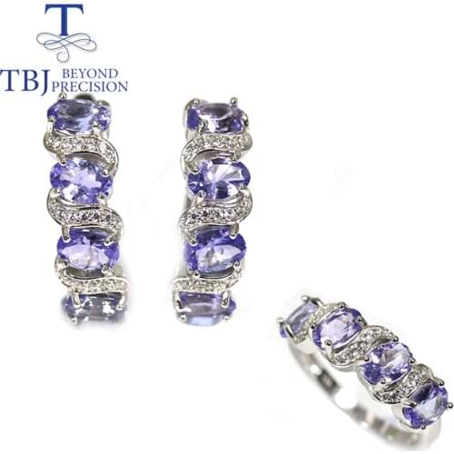 TBJ Classic Natural Tanzanite Jewelry set real tanzanite gemstone oval 4*6mm clasp earring ring 925 sterling silver for women