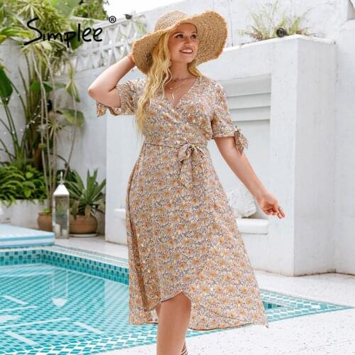 Simplee Boho plus size A-line lace up floral women dress summer Elegant high waist beach dresses Holiday wrap maxi vestidos 2021