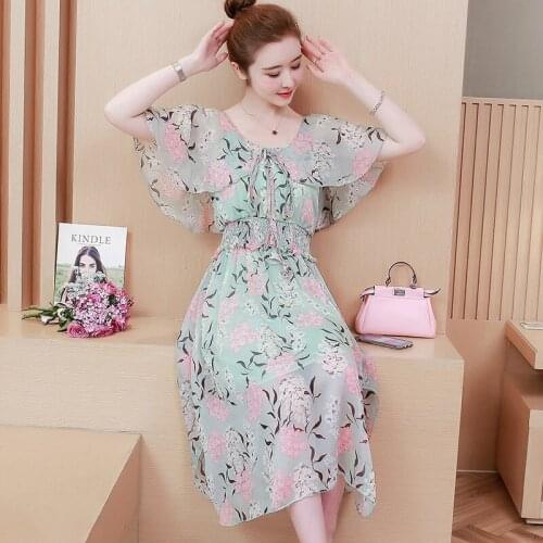 2020 New Summer Floral Chiffon Dress Womens Korean temperament Large Size Strapless Dresses Female b336