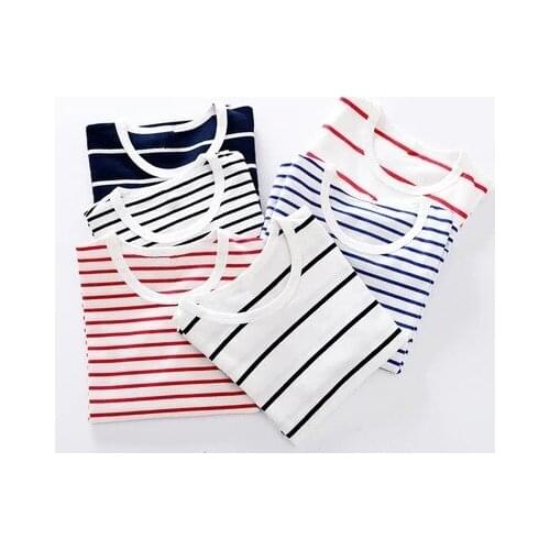 Children In The Spring and Summer New Short-sleeved Cotton Round Collar Stripe T-shirt for Men and Women Children Coat