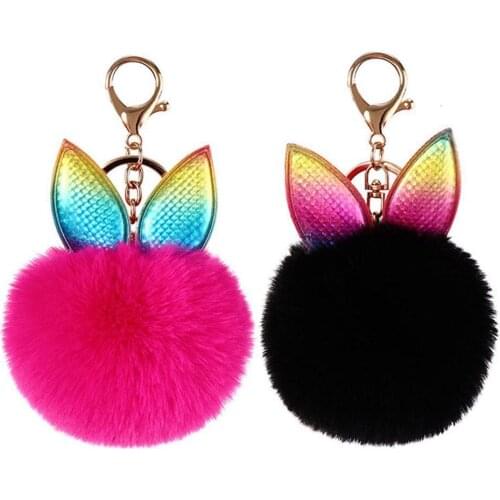 Kids Hair Ball Keychain Diy Jewelry Pendant Pu Leather Ear Keychain Pendant Animal Hair Ball Keychain Cute Plush Keychain