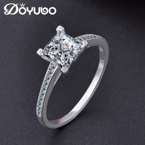DOYUBO Classical Womens Sterling Silver Four Claw Squre Wedding Ring Luxury Lady White Cubic Zirconia Ring Silver Jewelry VB284