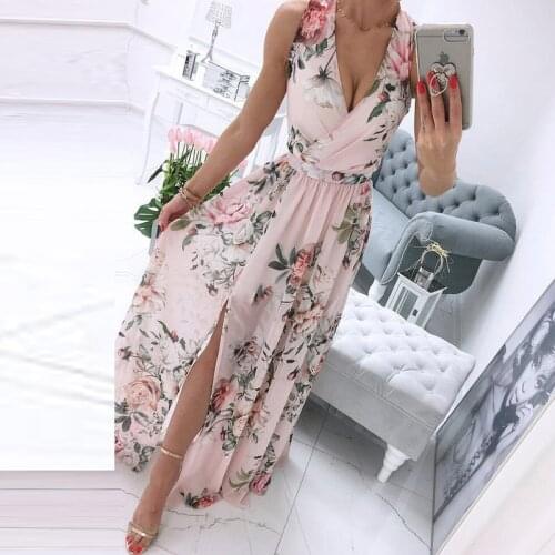 Elegant Floral Print Beach Long Dress Sexy Women Deep V-neck Split Party Dress 2021 Summer Sleeveless Chiffon Maxi Dress