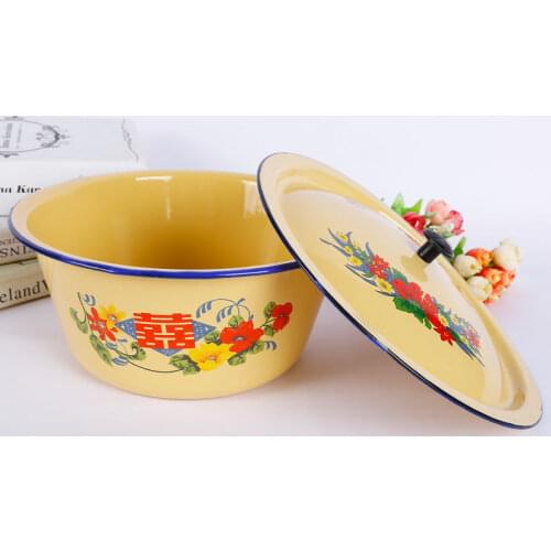 Enamel Filling Retro Enamel Pot Bowl with Lid Soup Pot Cooking Pot Deepening Dishwashing Dish Basin Fruit Plate Pattern Random