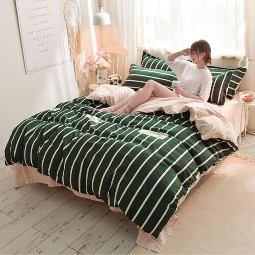 Modern Simple Style Polyester Green Stripes Soft Comfortable Duvet Cover Fitted Bed Sheet Pillowcases Bedding Sets Home Textiles