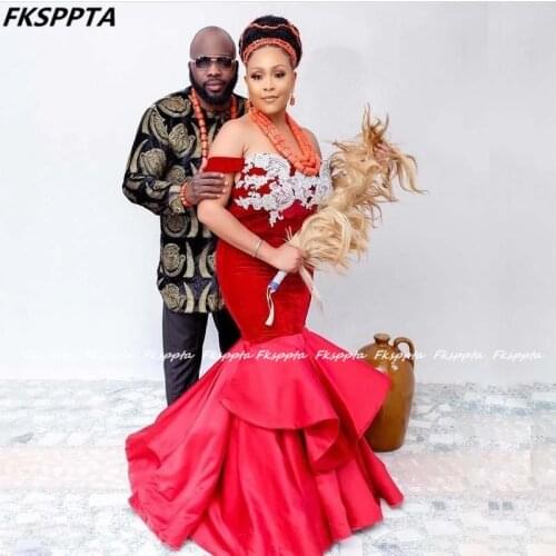 Red Mermaid 2021 Long Prom Dress With White Lace Off The Shoulder Corset South African Women Maxi Prom Gowns Plus Size