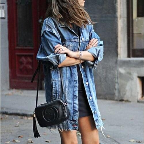 Hirigin Hot Fashion Womens Button Hole Patch Denim Pocket Loose Ripped Jeans Long Jacket Coat Outwear Streetwear