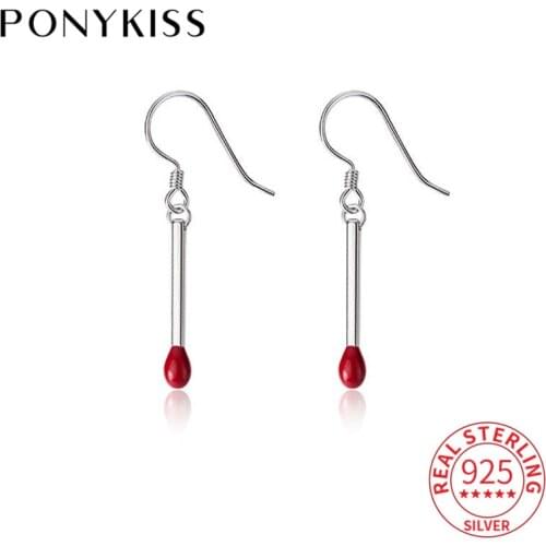PONYKISS Trendy S925 Sterling Silver Red Matches Shape Drop Earrings Cool Girl For Friend Family Fashion Jewelry Gift