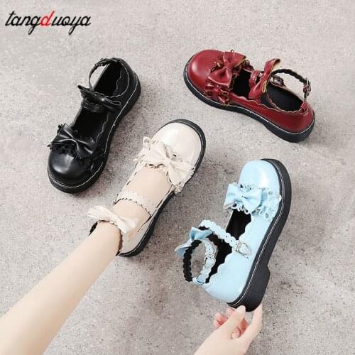 Japanese College Students Girls Round Toe Buckle Straps Bow Shoes Lolita JK Commuter Uniform Lovelive PU Leather Shoes 4 Colors
