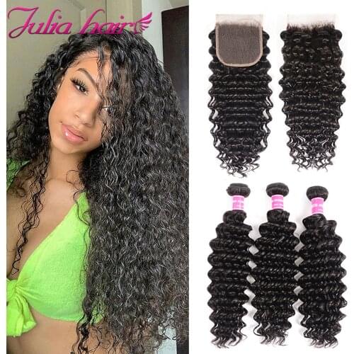 Peruvian Hair Bundles With Closure Pre Plucked Remy Human Hair Deep Wave Lace Closure with Bundles Ali Julia Hair with Closure