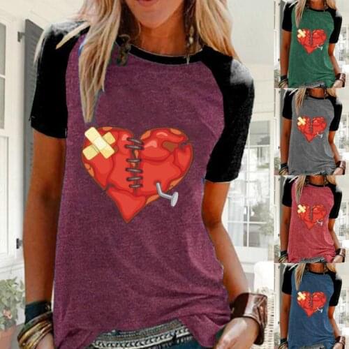 Casual Short Sleeve Round Neck T-shirt Womens New Fashion Loose Heart Printed Raglan Sleeve Shirt Plus Size Blouse Tops
